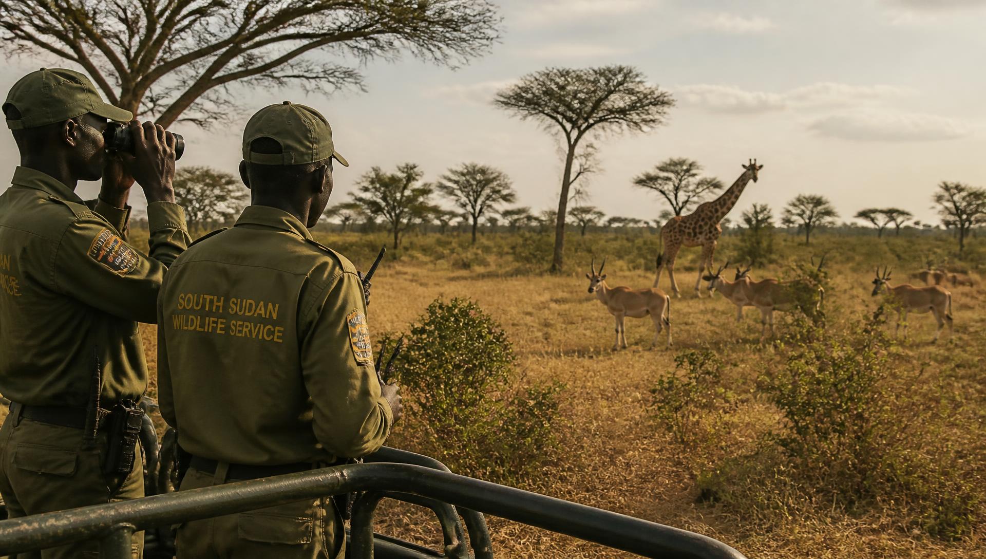 Wildlife rangers observing antelope and giraffe in a protected reserve