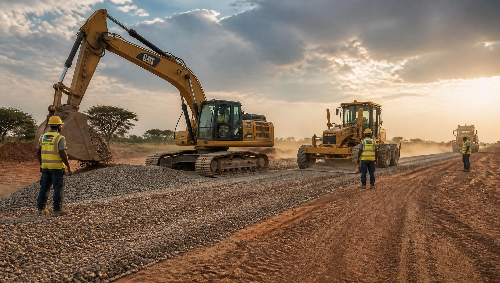 Excavator and grader building a gravel road in Eastern Equatoria State